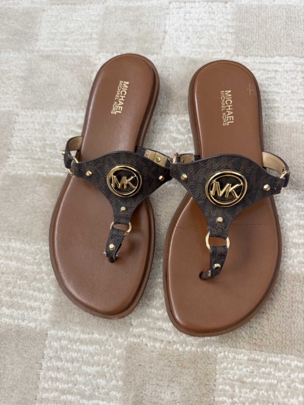 MICHAEL Michael Kors Brown and Gold Logo Thong Sandals